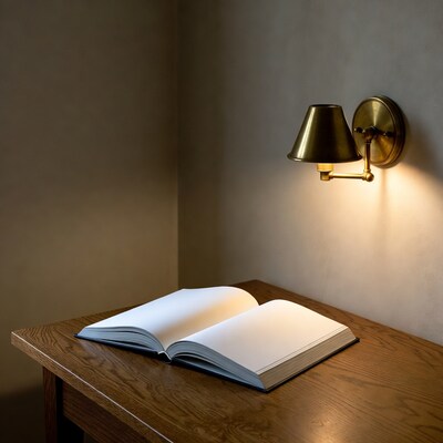Open book on wooden table under wall lamp