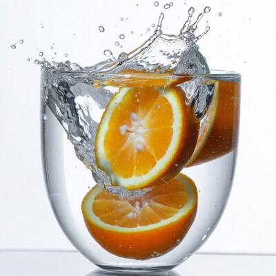 Orange Slices Splashing in Water Glass