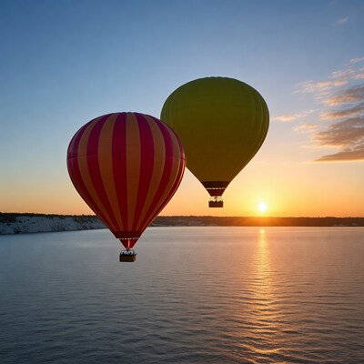 Red and Green Hot Air Balloons over Lake at Sunset