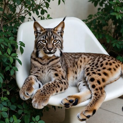 Bobcat lounging on white chair