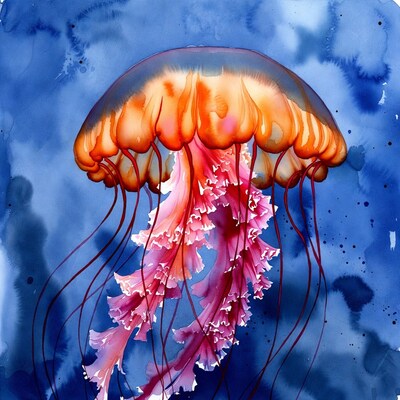 Vibrant Orange Jellyfish Watercolor Illustration