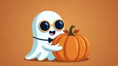Cartoon ghost holding pumpkin