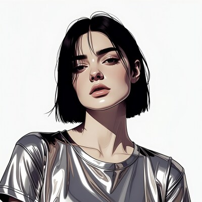 Woman with bob haircut in shiny shirt