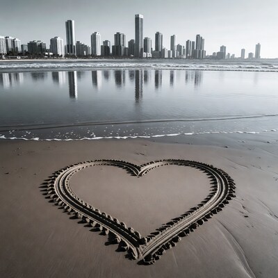Heart Drawn in Sand with City Skyline