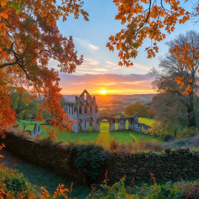 Sunset over Autumn Abbey Ruins