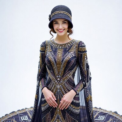 Woman in Beaded Flapper Dress and Cloche Hat