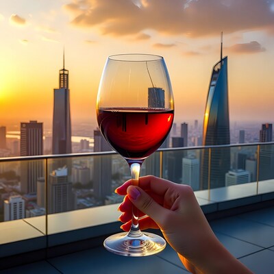 Woman holding wine glass at sunset skyline