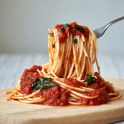 Spaghetti with marinara on fork