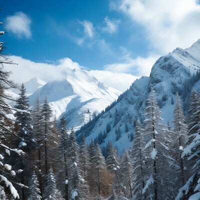Snowy Mountains with Pine Trees