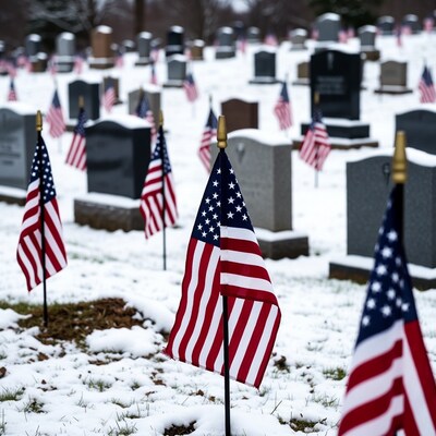 American Flags on Snowy Graves