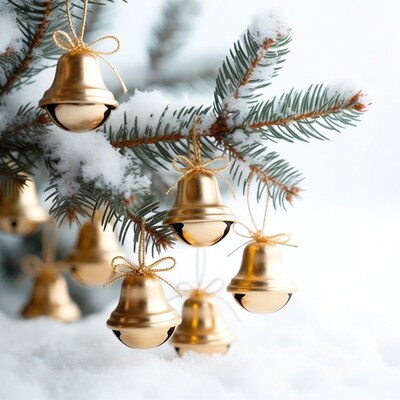 Golden Christmas Bells on Snowy Pine Branch