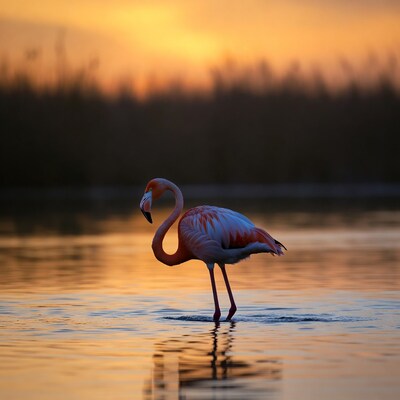 Flamingo standing in sunset water