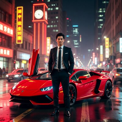 Asian man in suit by red Lamborghini