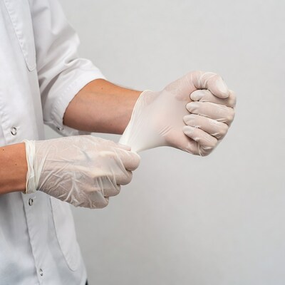 Doctor putting on latex gloves