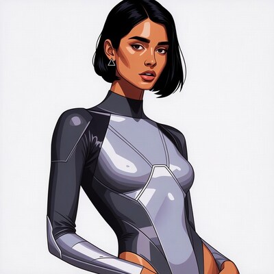 Woman in silver futuristic bodysuit