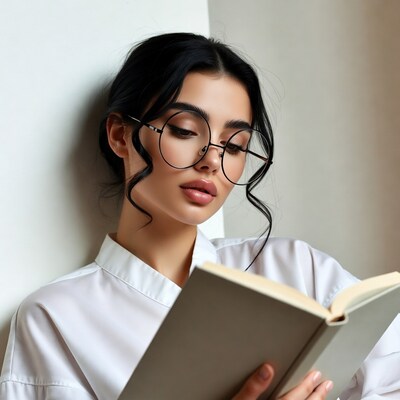 Woman with glasses reading book