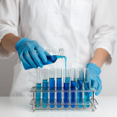 Scientist pouring blue liquid into test tubes