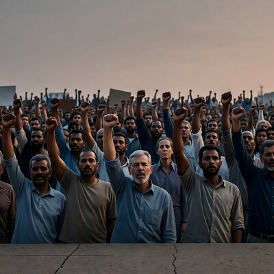 Crowd of men raising fists in protest