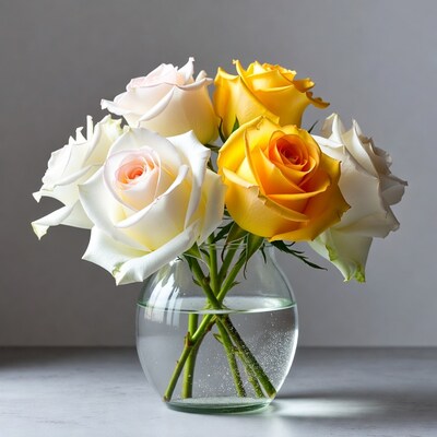 White and Yellow Roses in Glass Vase
