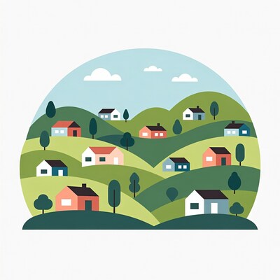 Colorful Houses on Green Hills Illustration