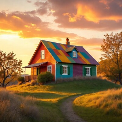 Colorful House on Hill at Sunset