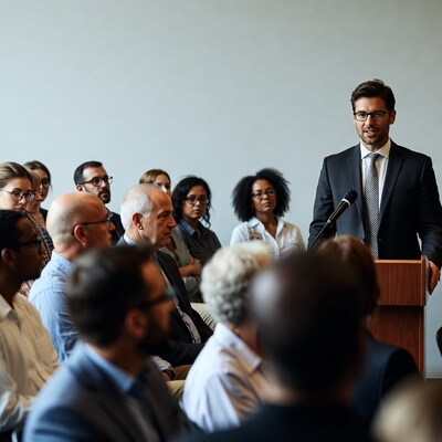 Man speaking at podium to audience