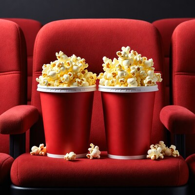 Two Popcorn Buckets on Red Cinema Seats