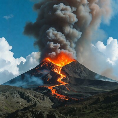 Erupting volcano with lava flows