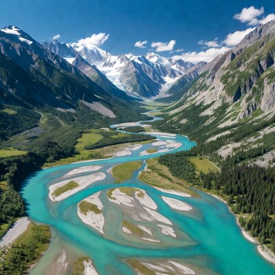 Turquoise River in Snowy Mountain Valley