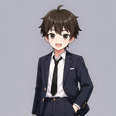 Anime boy smiling in navy suit