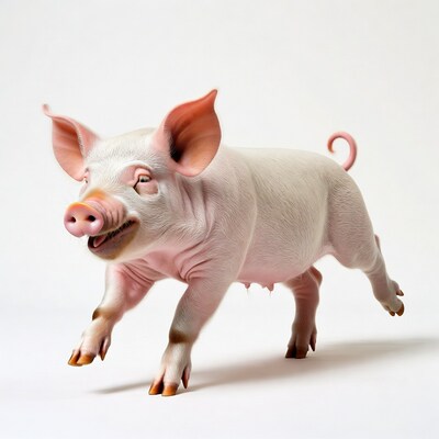 Pink pig running on white background