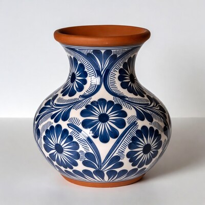 Talavera Vase with Blue Flower Design