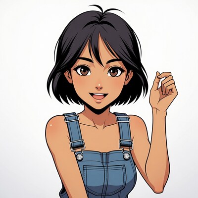 Anime girl in blue overalls smiling