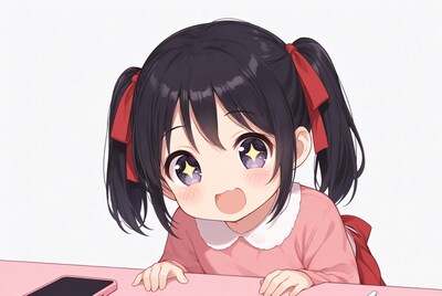 Anime girl smiling over pink table