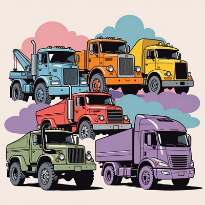Colorful Trucks Illustration on Clouds