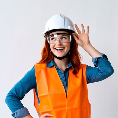 Redhead woman in hard hat and vest