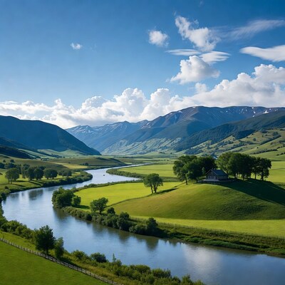 River winding through green valley mountains