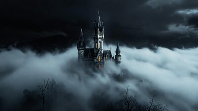 Gothic Castle in Foggy Night
