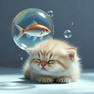 Sleeping Kitten with Goldfish Bubble