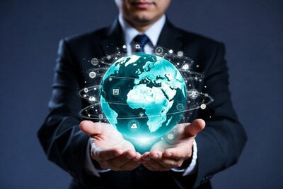 Businessman holding digital globe