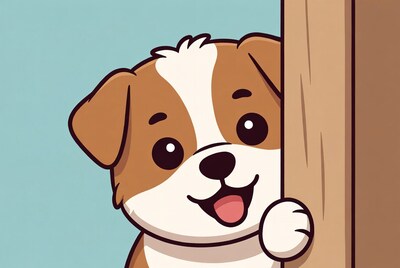 Cute puppy peeking behind wooden door