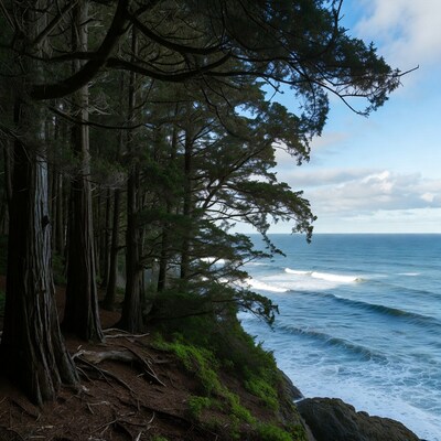 Tall Trees Overlooking Ocean Waves
