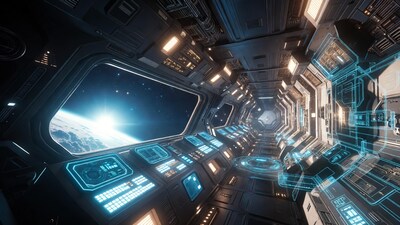 Futuristic Spaceship Corridor with Earth View