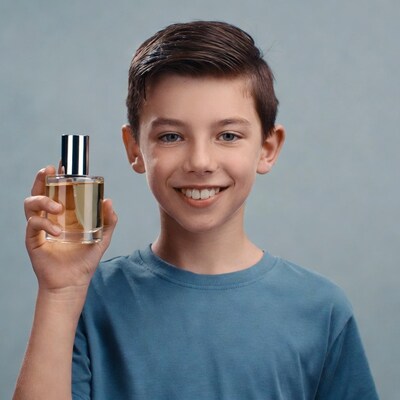 Boy holding perfume bottle