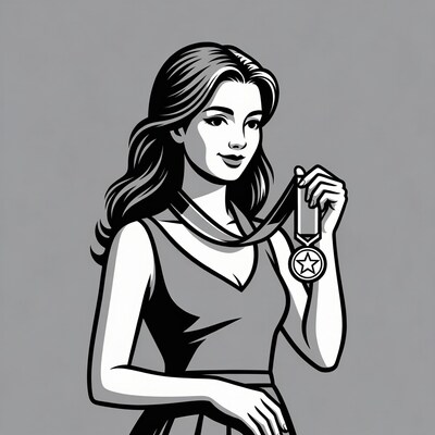Woman holding gold star medal