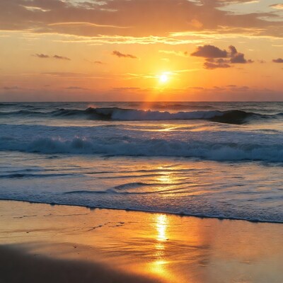 Sunset over ocean waves and beach