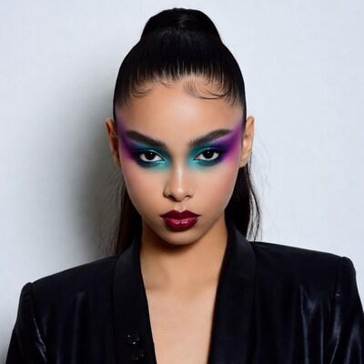 Woman with teal purple eyeshadow