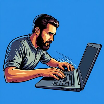 Bearded man typing on laptop