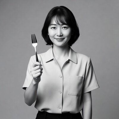 Asian woman holding fork