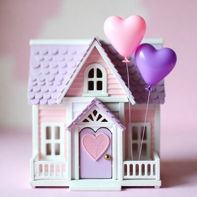 Pink Dollhouse with Heart Balloons